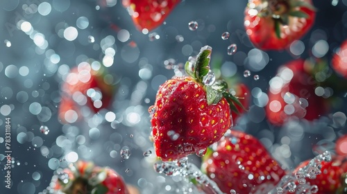 Juicy strawberries floating in mid-air with icy crystals and liquid splashes AI generated illustration