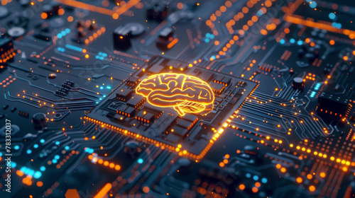 Digital illustration of an ai brain concept on a complex circuit board