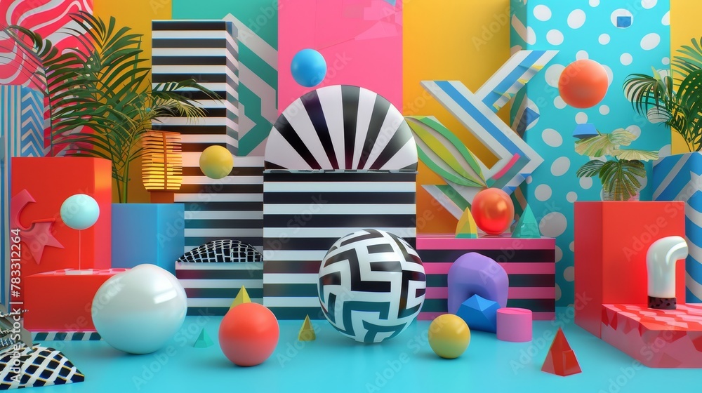 Memphis-inspired 3D objects in a psychedelic setting 3D style isolated flying objects memphis style 3D render AI generated illustration Memphis-inspired 3D objects in a psychedelic setting 3D style isolated flying objects memphis style 3D render AI generated illustration