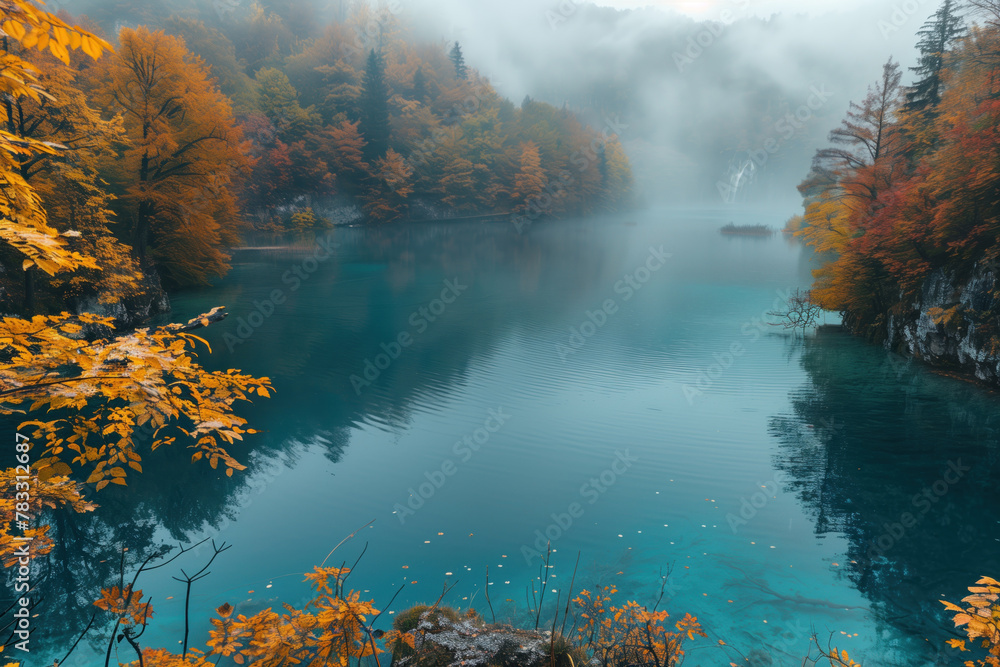 Beautiful autumn landscape with lake among wooded mountains. View from above.