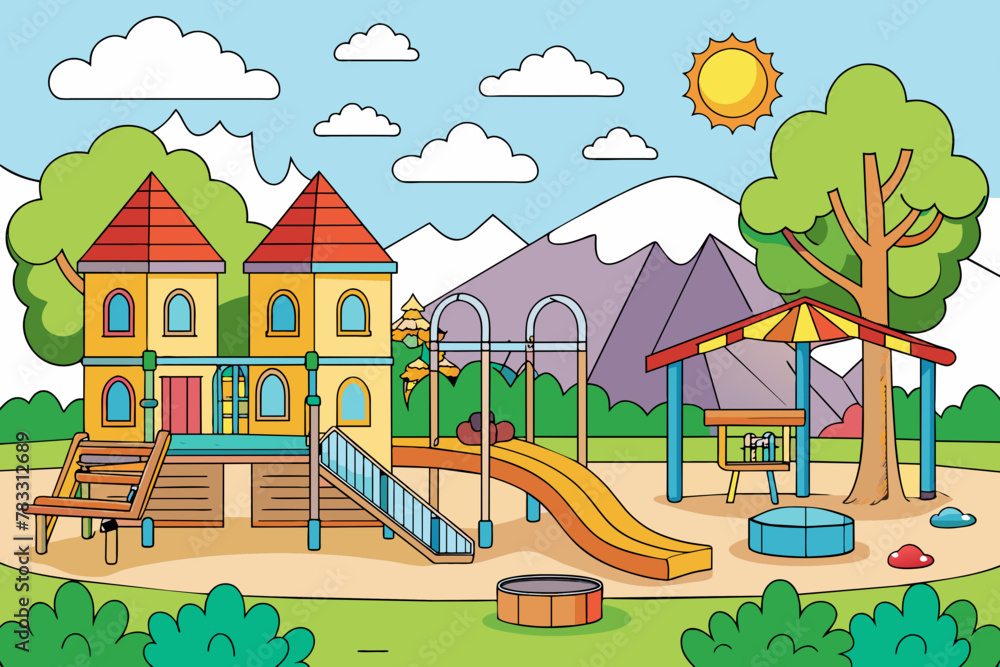 coloring page for kids, school playground full detail, clean  and white background, do not shading color