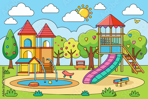 coloring page for kids, school playground full detail, clean  and white background, do not shading color