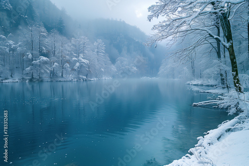 Winter landscape with snow covered trees and lake among mountains © Evgeny