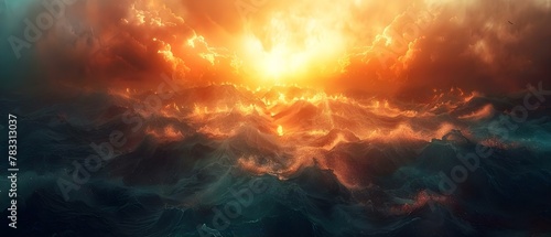 Rising Dawn of Judgement: Sea and Sky Afire. Concept Nature Photography, Dramatic Sunrise, Vibrant Skies, Coastal Landscapes, Artistic Interpretation photo