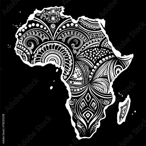 Continent Africa, abstract silhouette of african map with geometric ethnic pattern and tribal traditional ornament. Black and white illustration of africa with traditional ethnic patterns