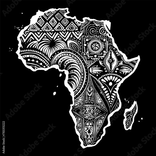 Continent Africa, abstract silhouette of african map with geometric ethnic pattern and tribal traditional ornament. Black and white illustration of africa with traditional ethnic patterns