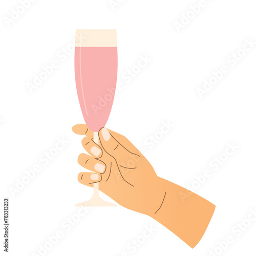 female's hand holding glass of champagne rose wine, celebration, wine tasting- vector illustration