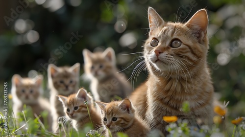 Felidae mother cat and her kittens with whiskers standing in grass