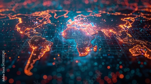 Glowing world map on dark background. Globalization concept. Communications network map of the world. Technological futuristic background. World connectivity and global networking concept