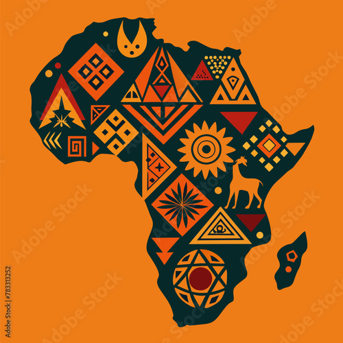 Continent Africa, abstract silhouette of african map with geometric ethnic pattern and tribal traditional ornament. Stylized map of africa featuring traditional patterns, wildlife, and landscapes
