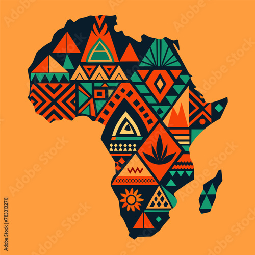 Continent Africa, abstract silhouette of african map with geometric ethnic pattern and tribal traditional ornament. Stylized map of africa featuring traditional patterns, wildlife, and landscapes