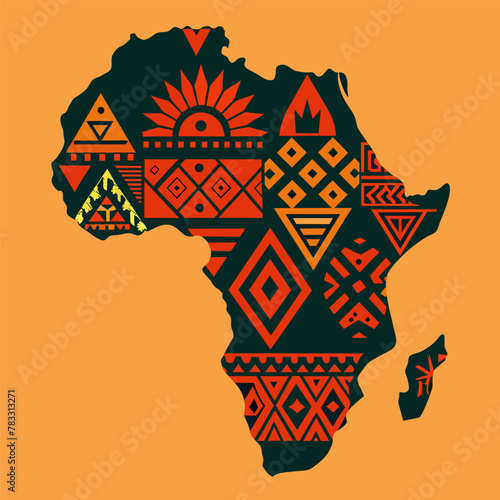 Continent Africa  abstract silhouette of african map with geometric ethnic pattern and tribal traditional ornament. Artistic rendition of africa s map adorned with vibrant  ethnic patterns