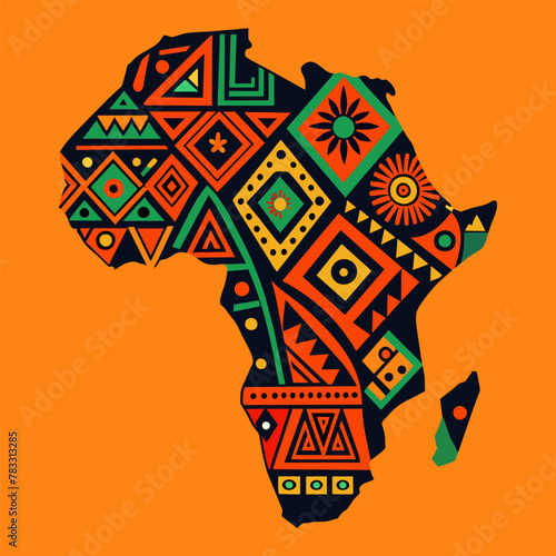 Continent Africa, abstract silhouette of african map with geometric ethnic pattern and tribal traditional ornament. Artistic rendition of africa's map adorned with vibrant, ethnic patterns