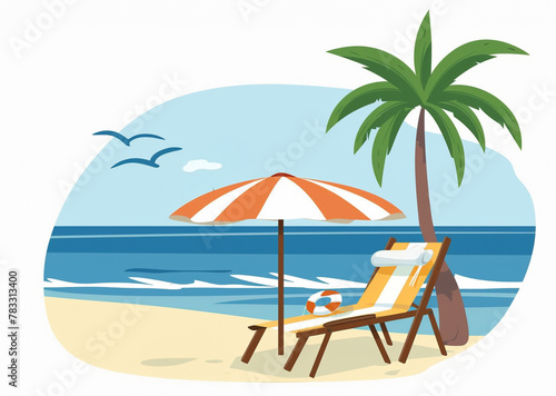 Deck chaisr and beach umbrellas on deserted beach in summer © Lana_Doss