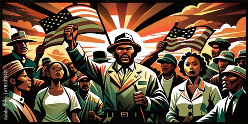 People marching with raised fists. Black history month. Juneteenth freedom rally celebrating african american heritage. Civil rights. Unity through diverse, activism. Pride patriotic american flag