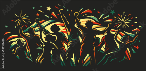Pride african people marching with raised fists, symbol of african struggle. Black history month. Illustration celebrating juneteenth, representing african american history, unity, fight for freedom