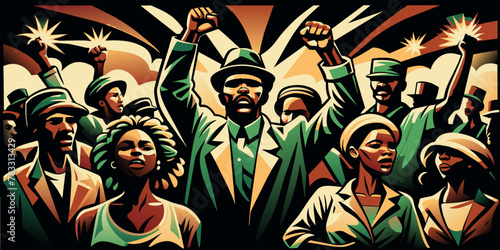 Pride african people marching with raised fists, symbol of african struggle. Black history month. Illustration celebrating juneteenth, representing african american history, unity, fight for freedom