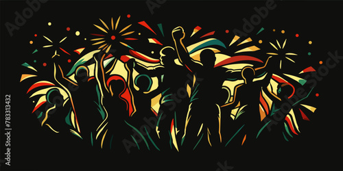 Pride african people marching with raised fists, symbol of african struggle. African american community commemorating juneteenth and black history month