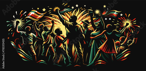 Pride african people marching with raised fists, symbol of african struggle. Black history month or juneteenth. Honoring juneteenth with silhouettes of african americans celebrating emancipation