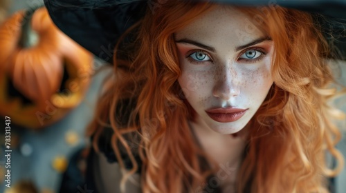 A Halloween witch in a dark tapered witch's hat with long red hair and holiday makeup. Beauty gothic girl with a carved pumpkin in Party Celebrating All Saints' Day art design