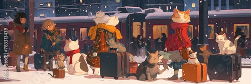 Illustration of Cute kind funny cats in winter clothes and hats at the railway station with suitcases, illustration for a children's book, banner