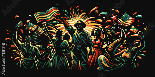 Pride african people marching with raised fists, symbol of african struggle. Black history month or juneteenth. Honoring juneteenth with silhouettes of african americans celebrating emancipation