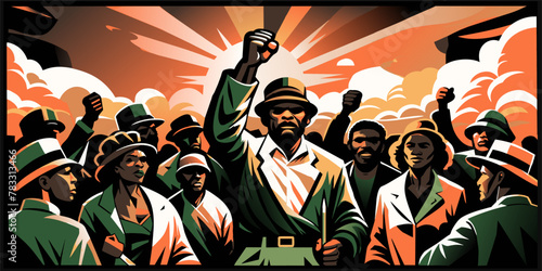 Pride african people marching with raised fists. Juneteenth. Marking black history month with figures representing the ongoing struggle and celebration of african american freedom and equality