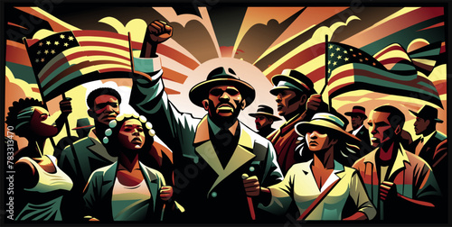 Vibrant illustration marking black history month with figures representing the ongoing struggle and celebration of african american freedom and equality