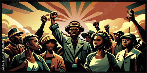Vibrant illustration marking black history month with figures representing the ongoing struggle and celebration of african american freedom and equality