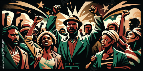 Pride african people marching with raised fists, symbol of african struggle. Artistic illustration depicting african americans celebrating black history month and juneteenth