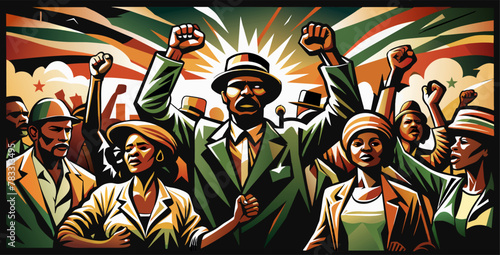 Pride african people marching with raised fists, symbol of african struggle. African americans in a united stance for freedom and justice, symbolizing black history and juneteenth