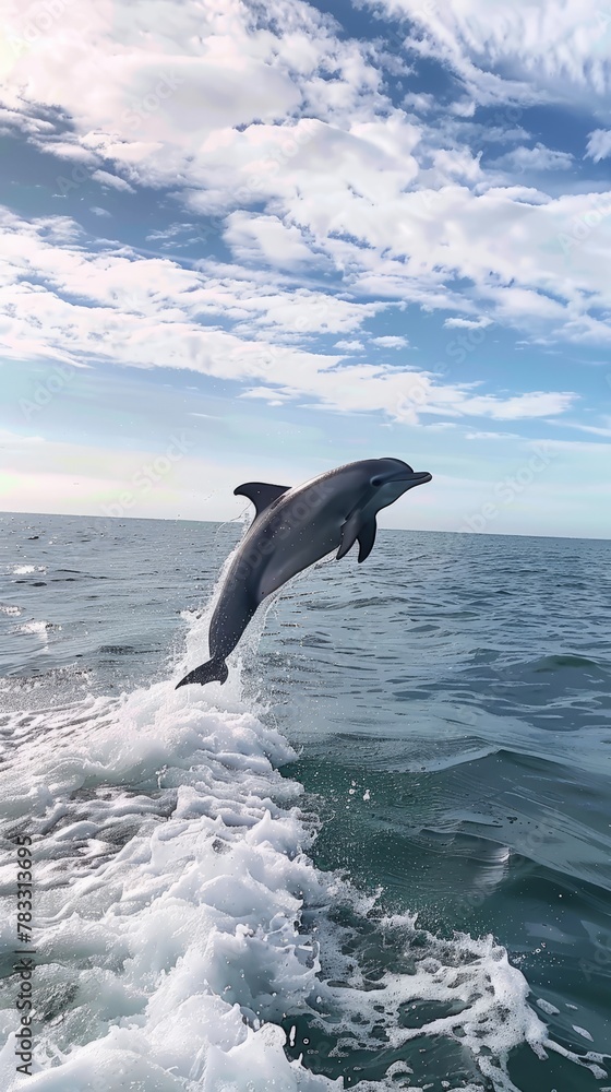 Fototapeta premium A lonely playful dolphin surfs the waves of the ocean, the dolphin jumps above the surface of the water