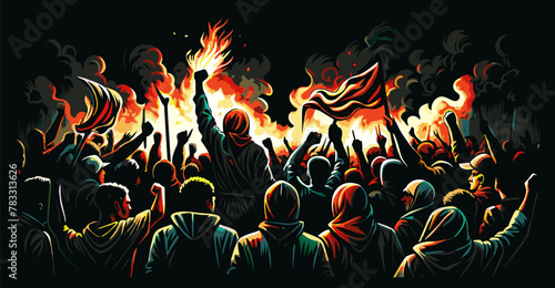 Vibrant and fiery night protest scene with animated characters and empowering protest signs showing determination and unity for freedom fight and political revolution