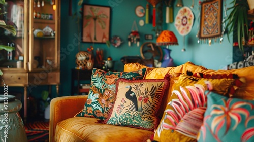 DIY decor project in progress with a designer crafting a unique pillow design for a decorative cushion, set in a vibrant living room © Jari.art