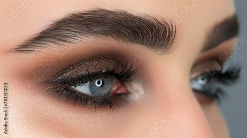 Close up of a womans brown eyes with smokey eye makeup