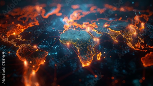 Glowing world map on dark background. Globalization concept. Communications network map of the world. Technological futuristic background. World connectivity and global networking concept #783314699