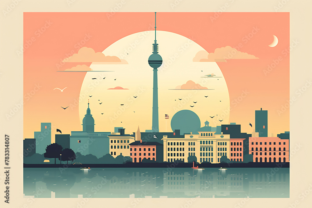 Berlin urban landscape with cityscape silhouette . Pattern with houses. Illustration