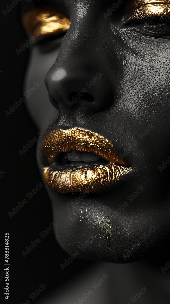 Black and white closeup shot of a European man face with metallic gold lips, showcasing the intricate details of his eye, eyelash, iris, and jaw, shooting a portrait for a fashion magazine