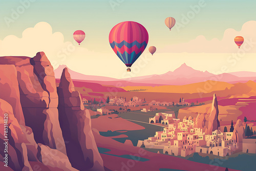 Amazing panoramic view rocky landscape in Cappadocia with colorful hot air balloon deep canyons, valleys. Concept banner travel Turkey. Illustration