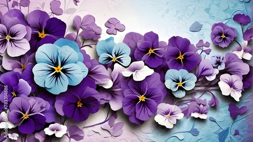 blossoms with violets. background with a floral texture. An organic, abstract design of violets in blue and purple tones. background with a pansy texture