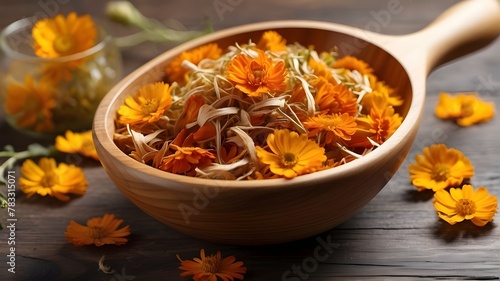 wooden spoon with dried calendula flowers within. calendula tea: complementary therapy photo