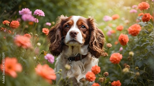 spaniel between the flowers on the grass
