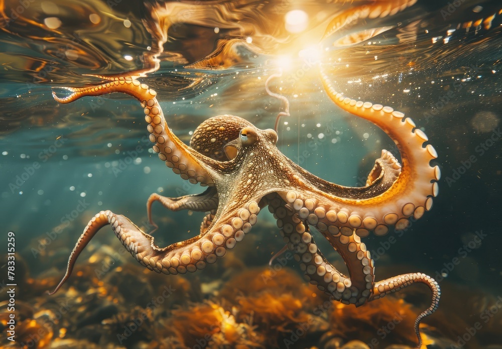 An octopus basks in the sun's rays just below the ocean surface, tentacles extended, amid the vibrant marine ecosystem. An octopus basks in the sun's rays just below the ocean surface, tentacles extended, amid the vibrant marine ecosystem.