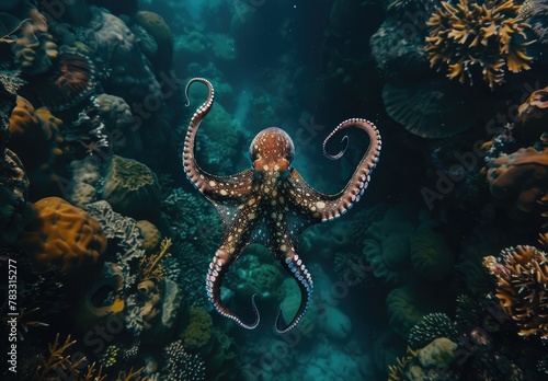 An octopus takes center stage, its tentacles elegantly splayed among the diverse coral reef ecosystem of the ocean. © Fostor