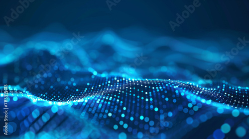 Dynamic blue particles forming sinuous waves, depicting high-tech digital connectivity photo