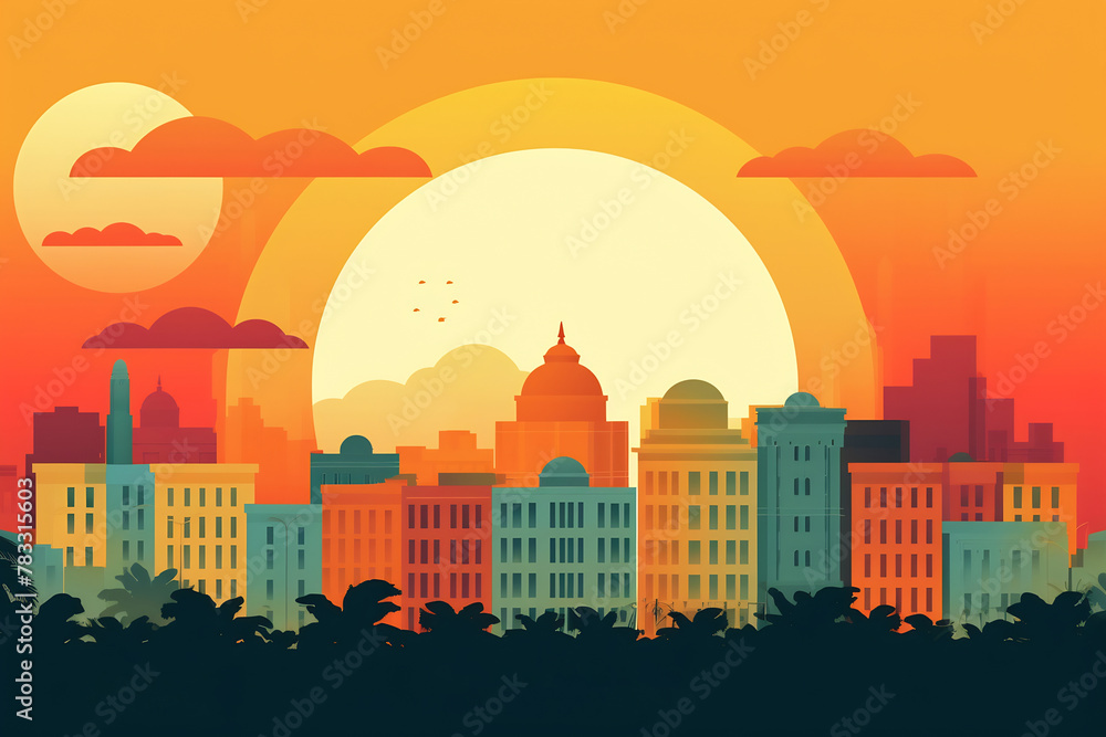 Havana urban landscape with cityscape silhouette . Pattern with houses. Illustration