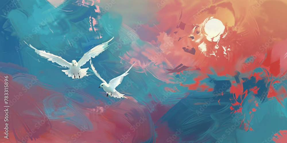 abstract painting of a sunset sky with white birds in flight