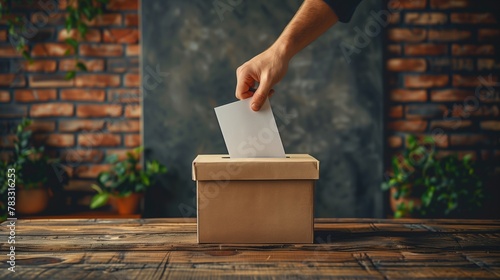 A person is placing a ballot into a wooden ballot box photo