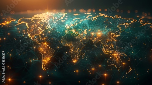 Glowing world map on dark background. Globalization concept. Communications network map of the world. Technological futuristic background. World connectivity and global networking concept #783316279