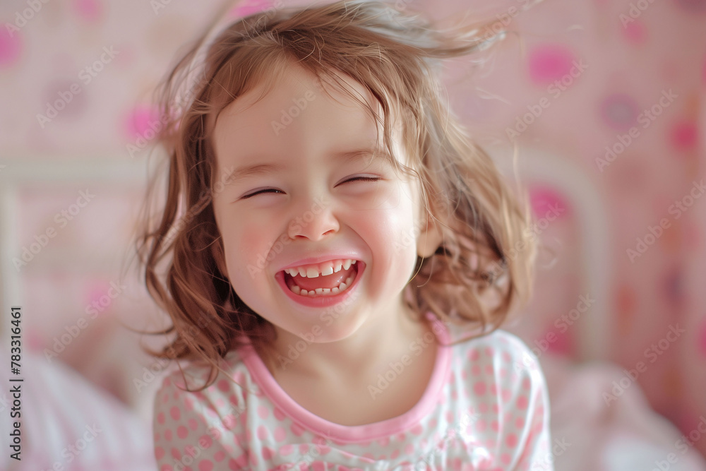 Vibrant Child's Laughter in a Pink-Themed Bedroom Vibrant Child's Laughter in a Pink-Themed Bedroom
